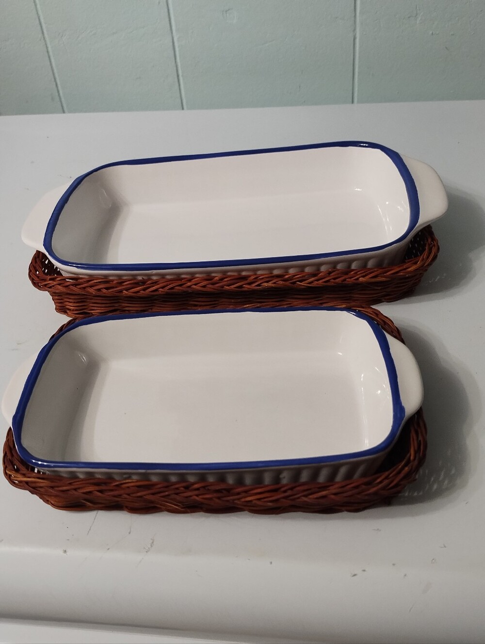 Ceramic Rectangular Baking Dishes with Blue Rim - Set of 2